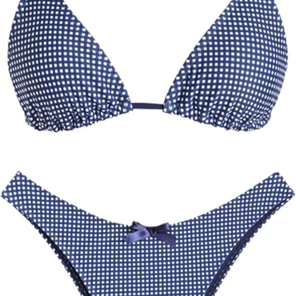 Gingham Bow Bikini Tie Back Bowknot Two Piece Swimsuits Triangle Thong - Picture 6 of 6